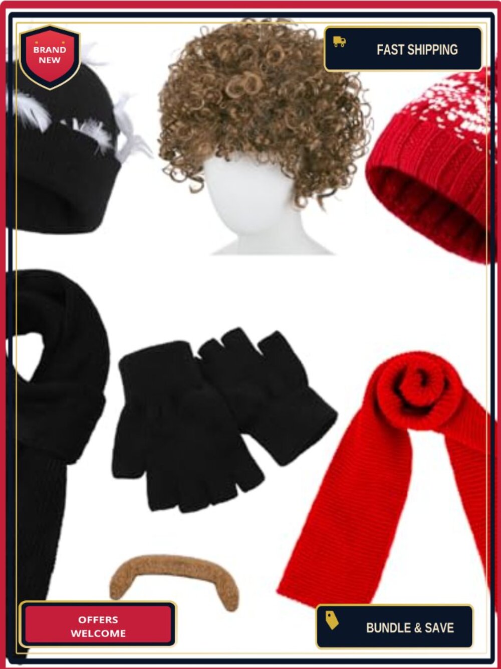 Christmas Movie Costume Set Beanie Scarf Gloves Wig Mustache Feathers